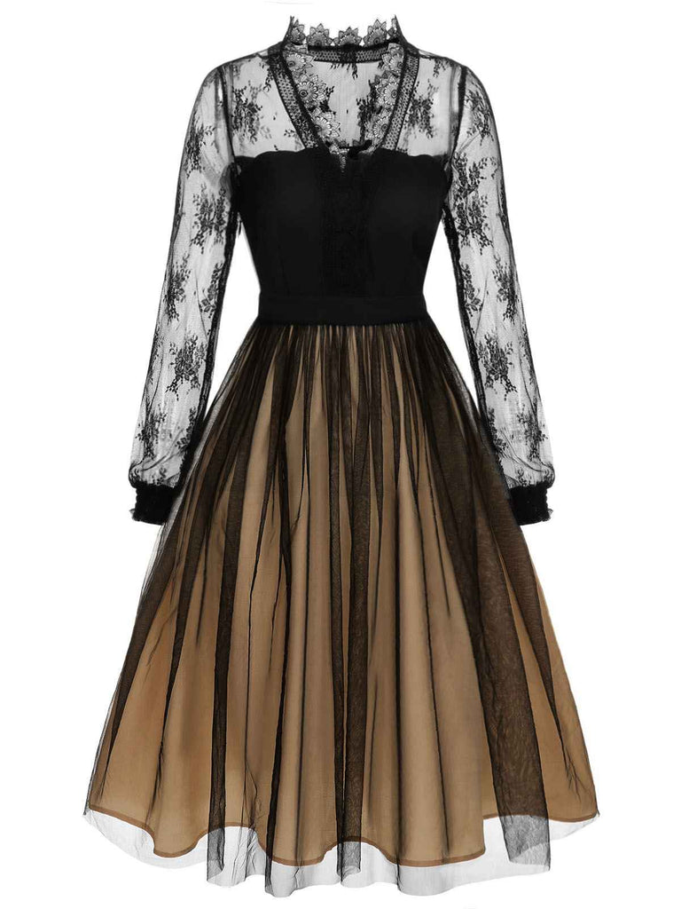 Black 1950s Lace Patchwork Mesh Dress