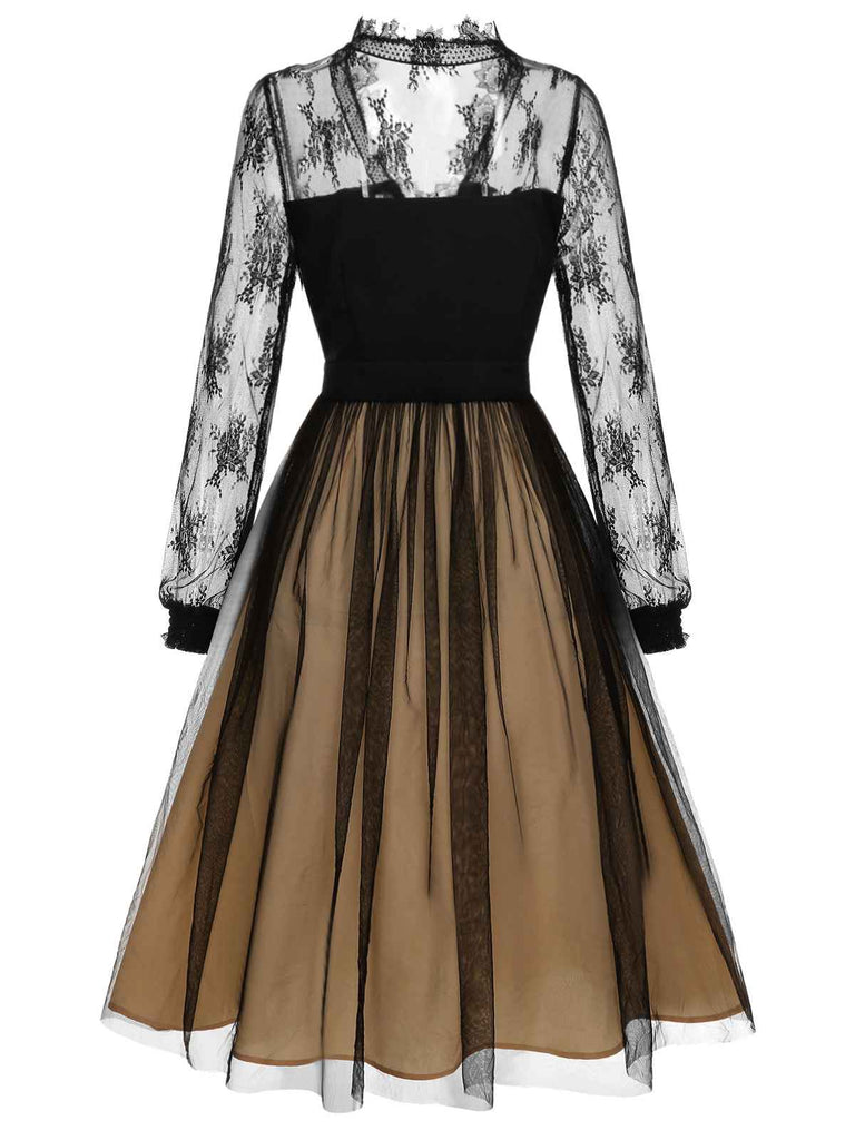 Black 1950s Lace Patchwork Mesh Dress