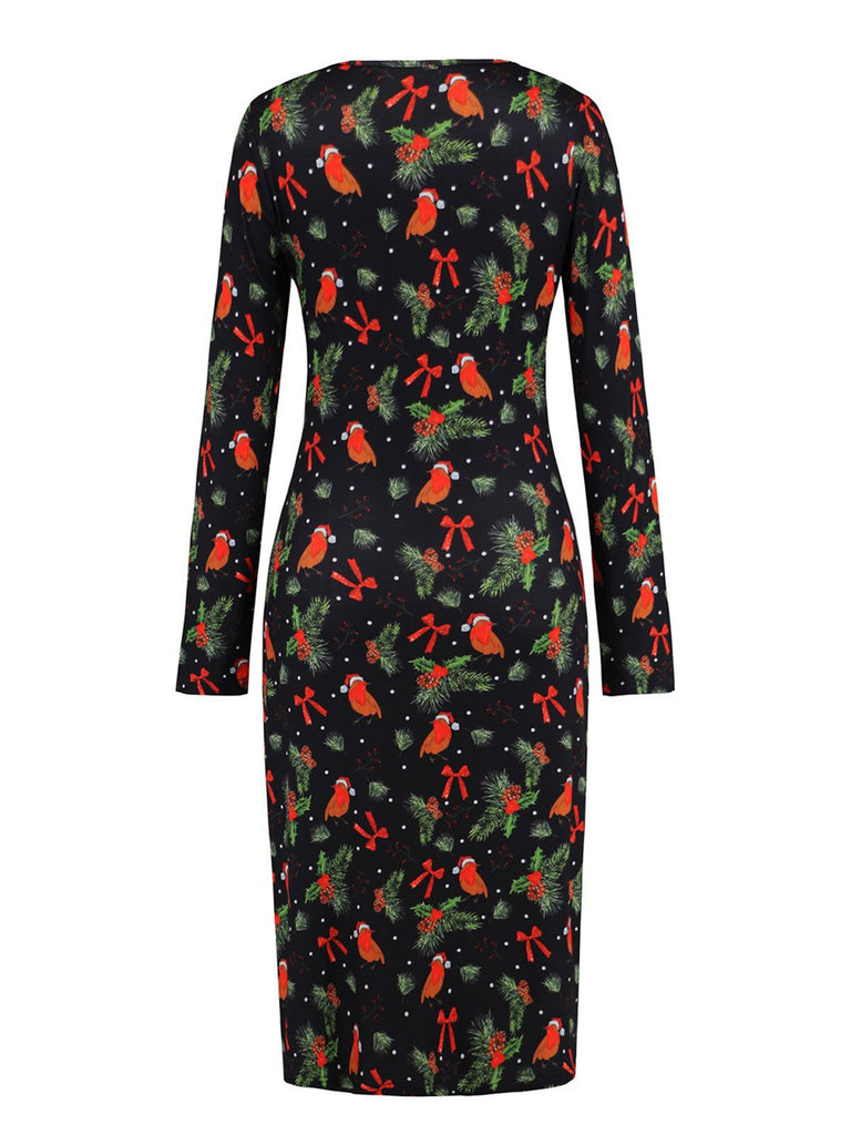 1960s Christmas Print V-Neck Wrap Dress