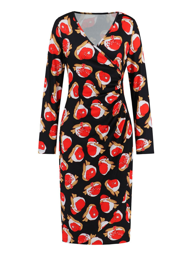 1960s Christmas Print V-Neck Wrap Dress