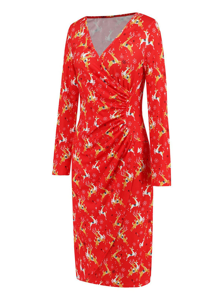 1960s Christmas Print V-Neck Wrap Dress