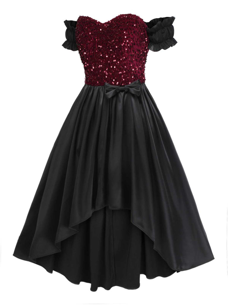 [Pre-Sale] Black 1950s Off-Shoulder Glitter Bow Decor Dress