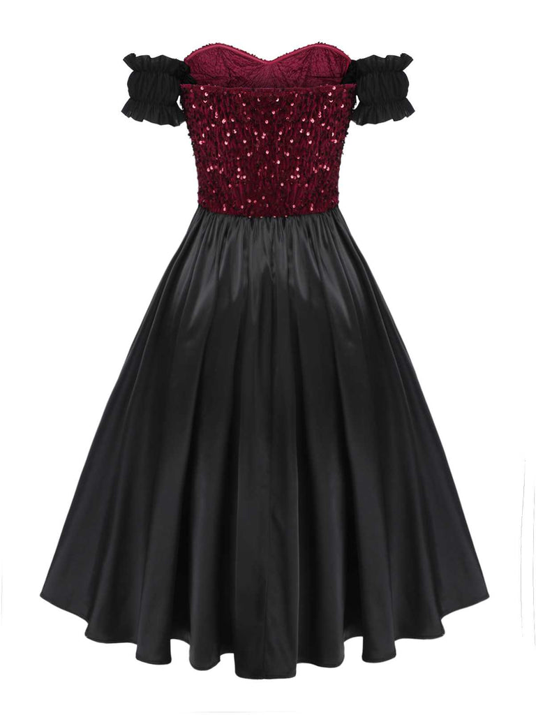 [Pre-Sale] Black 1950s Off-Shoulder Glitter Bow Decor Dress