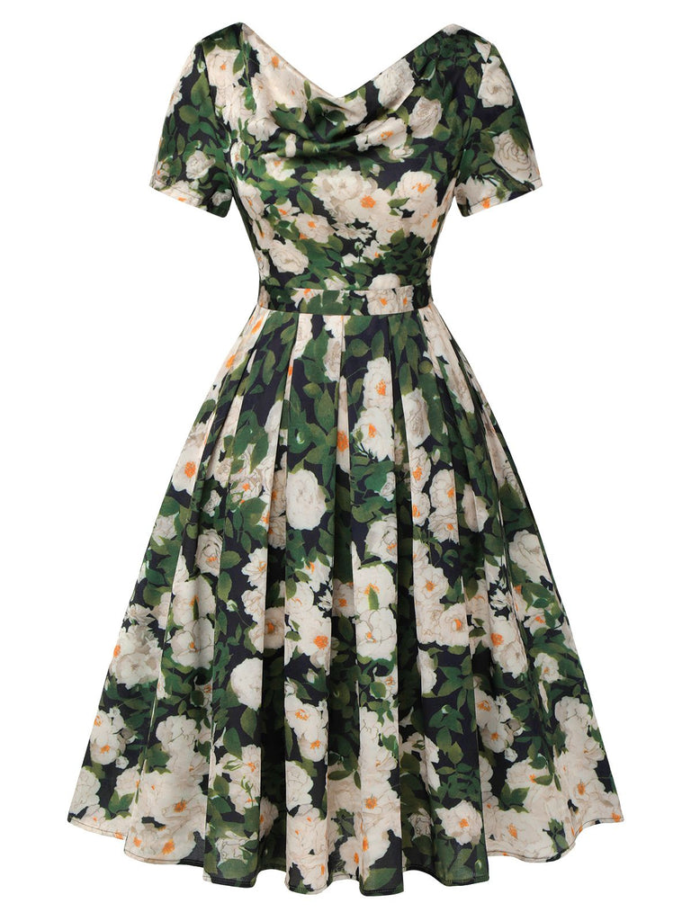 [Pre-Sale] Green 1950s Cowl Neck Painting Flower Dress