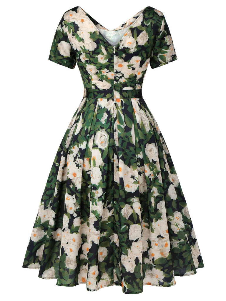 [Pre-Sale] Green 1950s Cowl Neck Painting Flower Dress