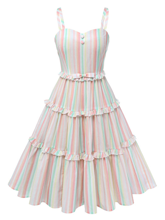 Multicolor 1950s Spaghetti Strap Striped Dress