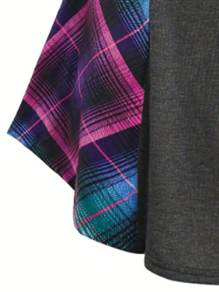 [Plus Size] Gray 1940s Plaid Patchwork Tunic Top