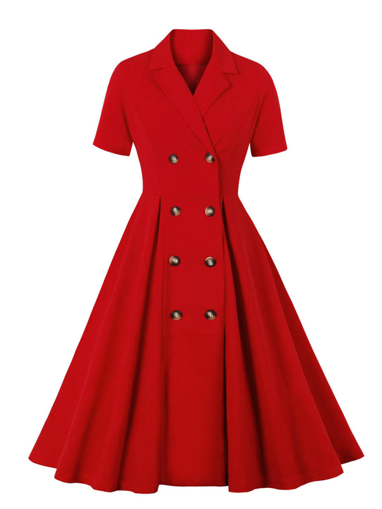 [Plus Size] 1950s Solid Lapel Button Swing Dress