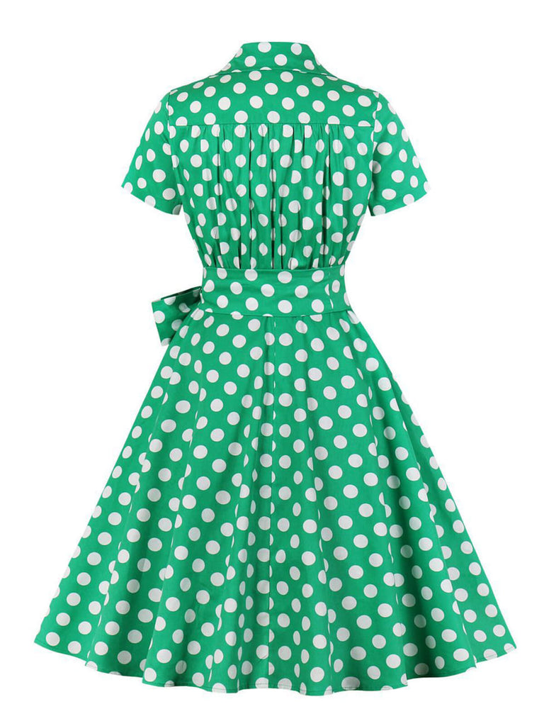 [Plus Size] 1950s Polka Dots Waist Tie Lapel Dress