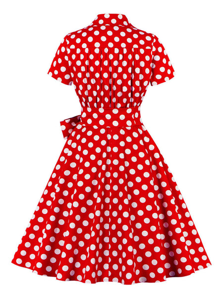 [Plus Size] 1950s Polka Dots Waist Tie Lapel Dress | Retro Stage