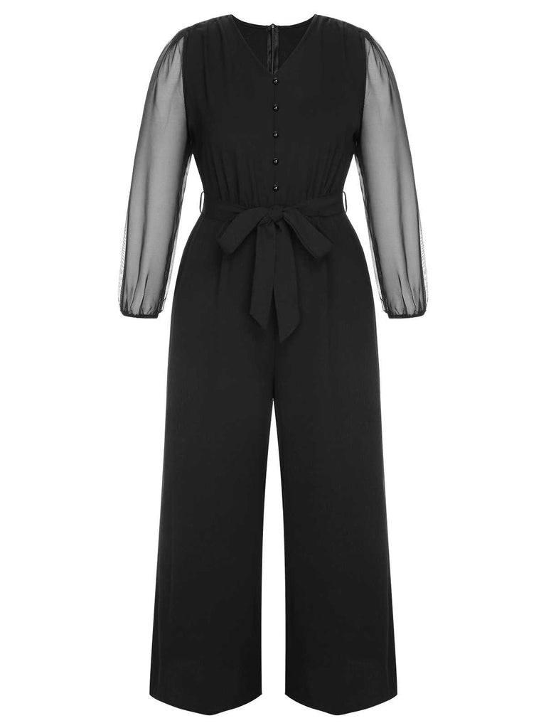 [Plus Size] Black 1930s Mesh Lantern Sleeve Belted Jumpsuit