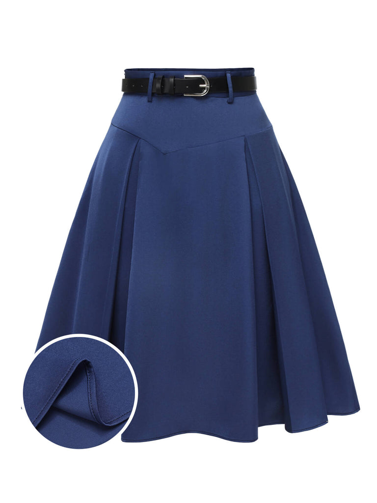 Dark Blue 1950s Solid High Waist Pleated Skirt Retro Stage