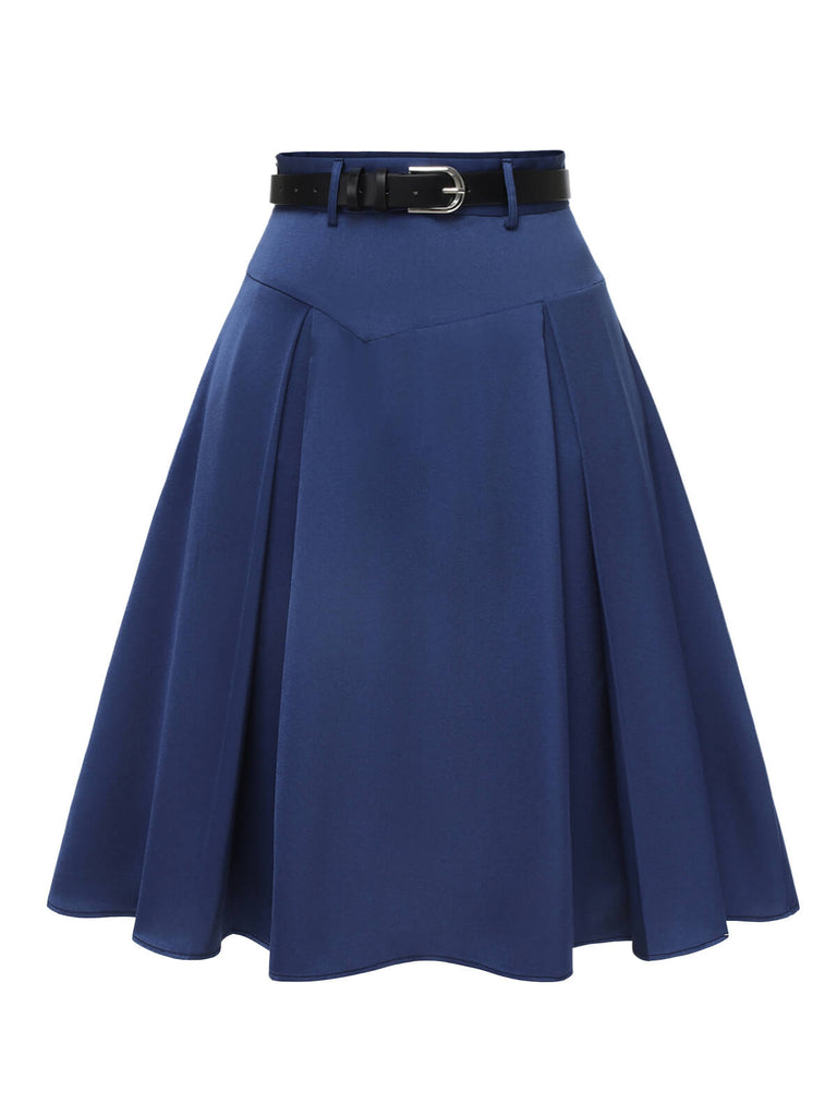 Dark Blue 1950s Solid High-Waist Pleated Skirt