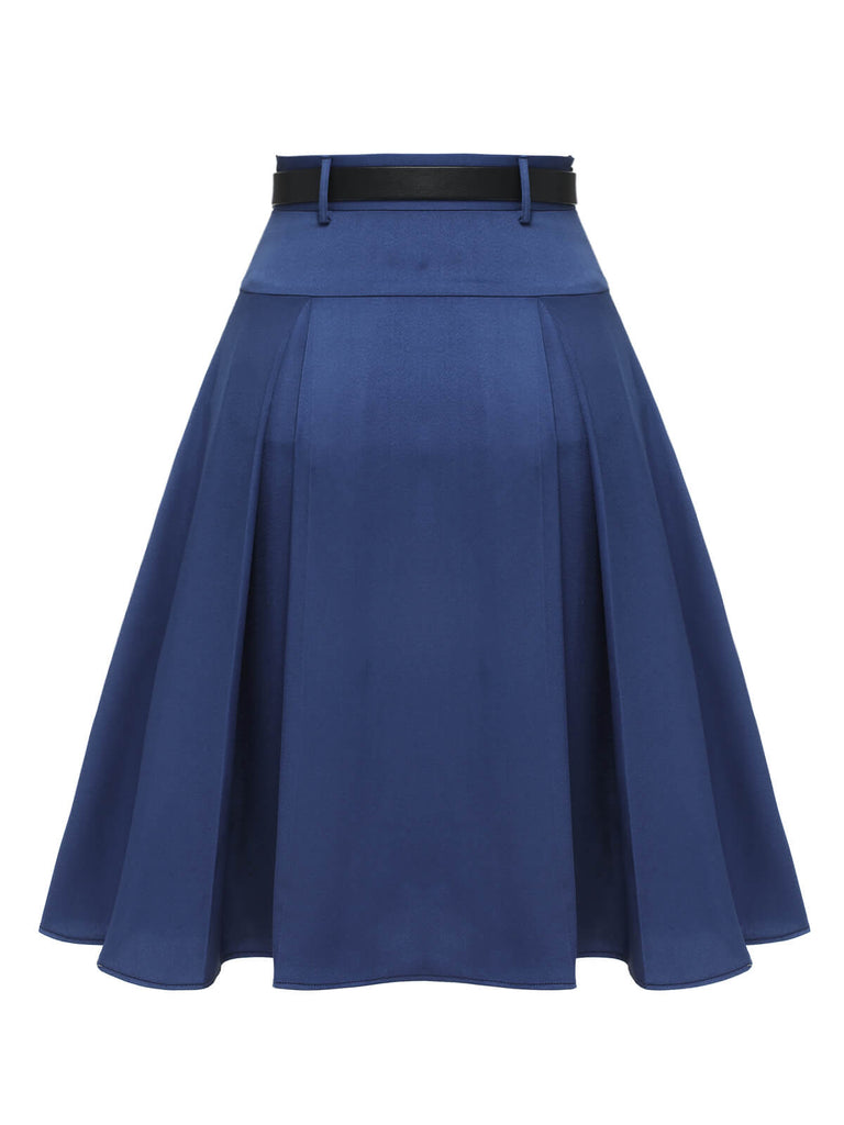 Dark Blue 1950s Solid High-Waist Pleated Skirt