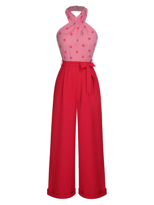 Red 1950s Strawberry Cross Halter Jumpsuit