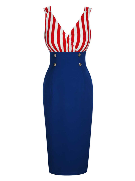 1960s V-Neck Red Blue Contrast Stripes Dress