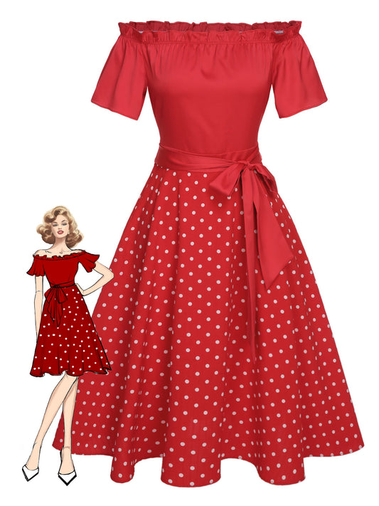 Red 1950s Off-Shoulder Polka Dots Belted Dress