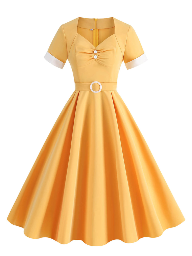 1950s Solid Contrast V-Neck Swing Dress
