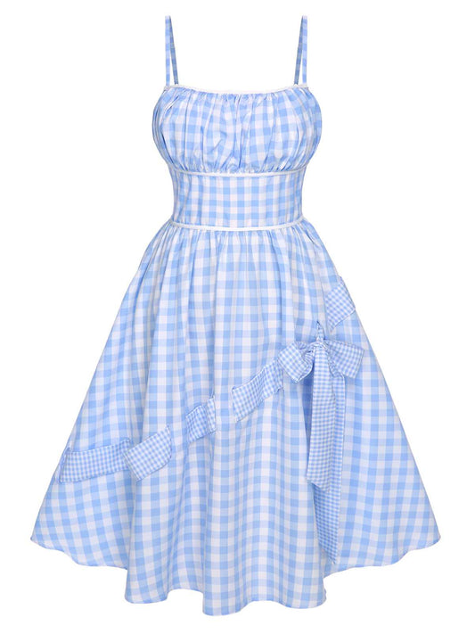 Blue 1950s Spaghetti Strap Plaids Bow Decor Dress