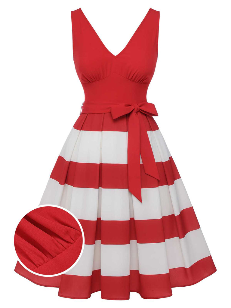 [Pre-Sale] Red 1950s V-Neck Stripes Sleeveless Dress