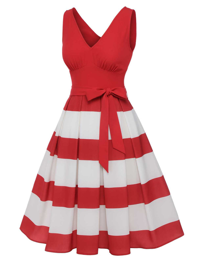 [Pre-Sale] Red 1950s V-Neck Stripes Sleeveless Dress