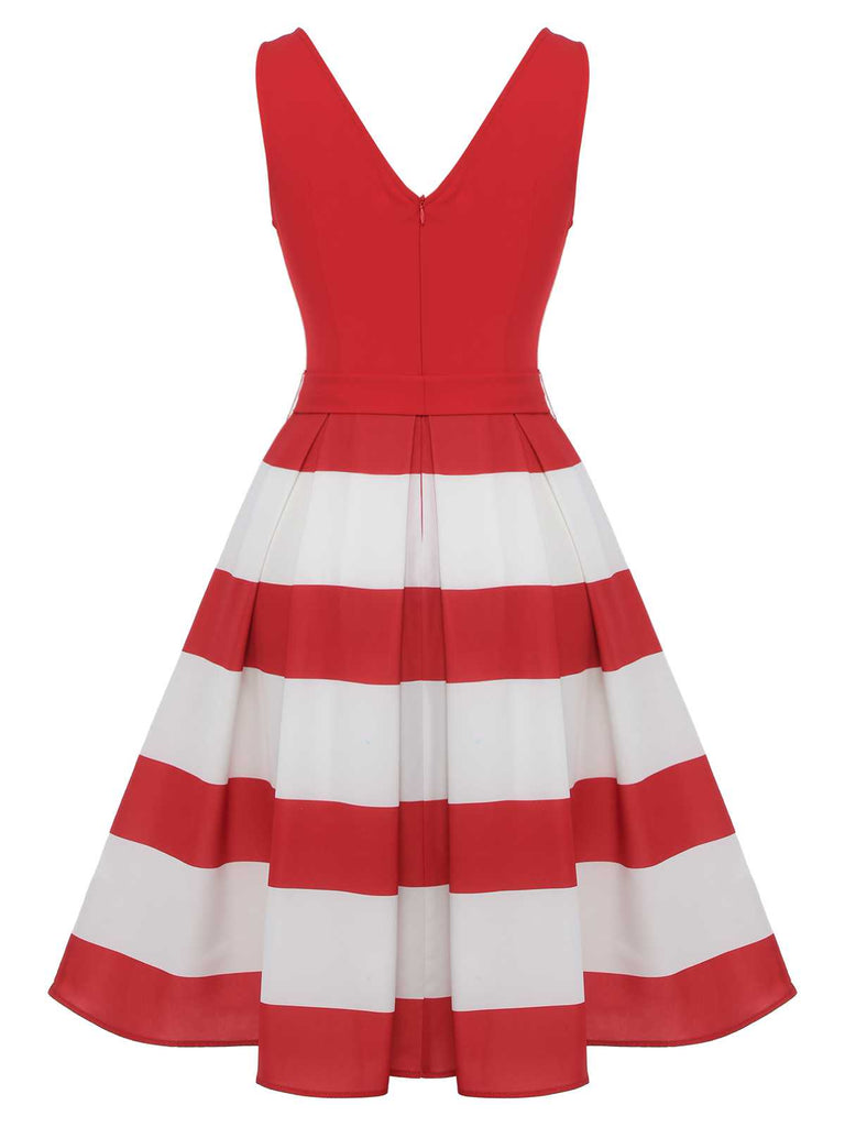 [Pre-Sale] Red 1950s V-Neck Stripes Sleeveless Dress