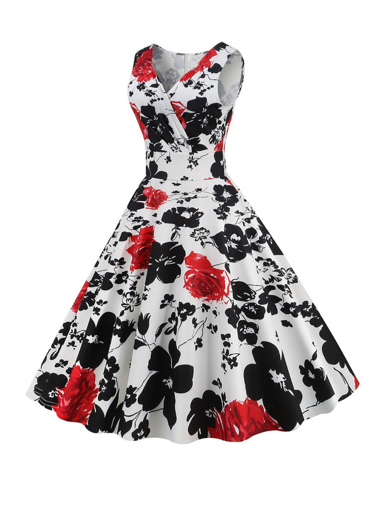 1950s V-Neck Floral Sleeveless Dress