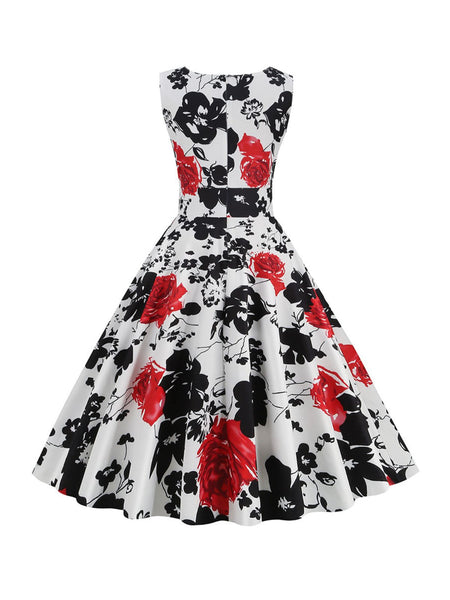 1950s V-Neck Floral Sleeveless Dress | Retro Stage