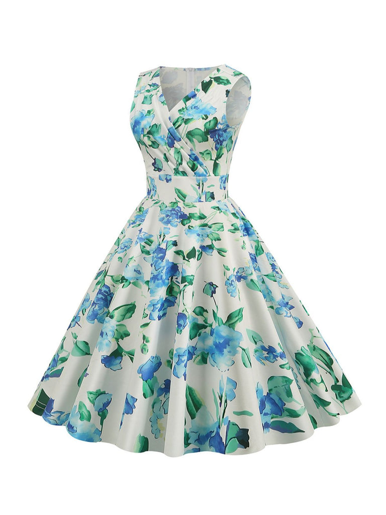 1950s V-Neck Floral Sleeveless Dress