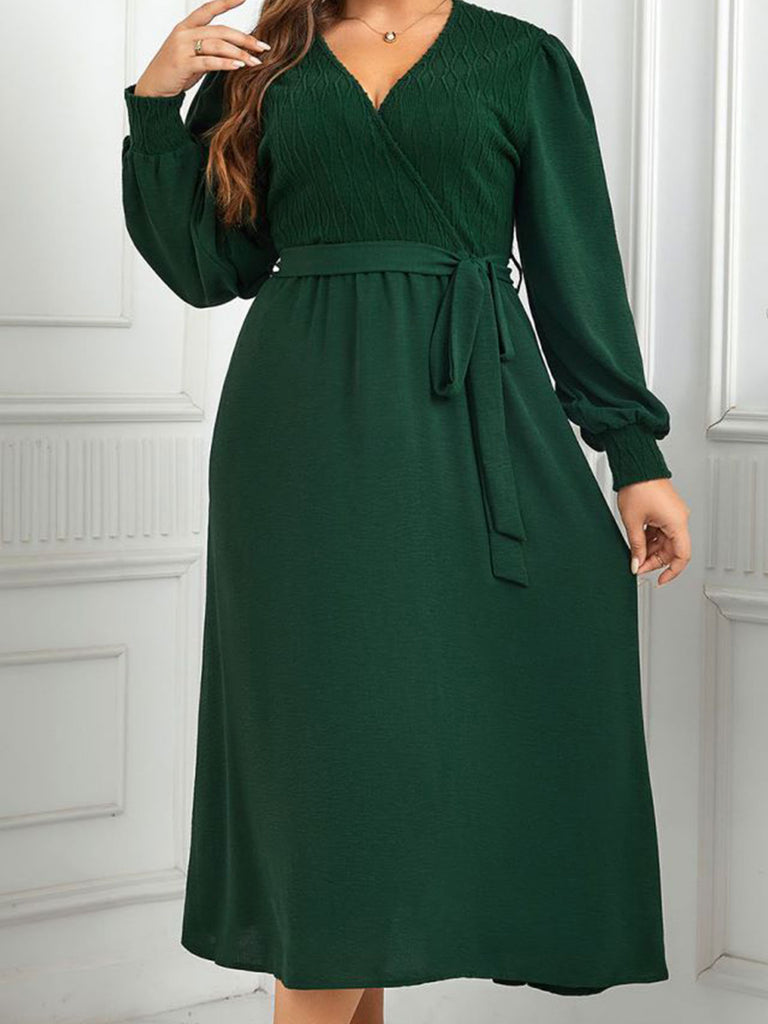 [Plus Size] Green 1940s V-Neck Solid Belted Dress
