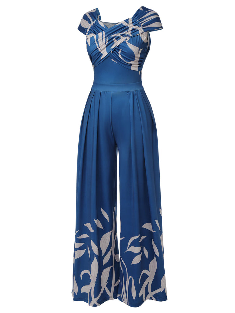 Blue 1960s High-Waist Plant Print Jumpsuit