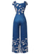 Blue 1960s High-Waist Plant Print Jumpsuit