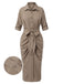 Khaki 1960s Solid Fold Pleated Lapel Dress