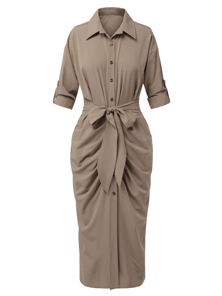 Khaki 1960s Solid Fold Pleated Lapel Dress