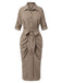 Khaki 1960s Solid Fold Pleated Lapel Dress