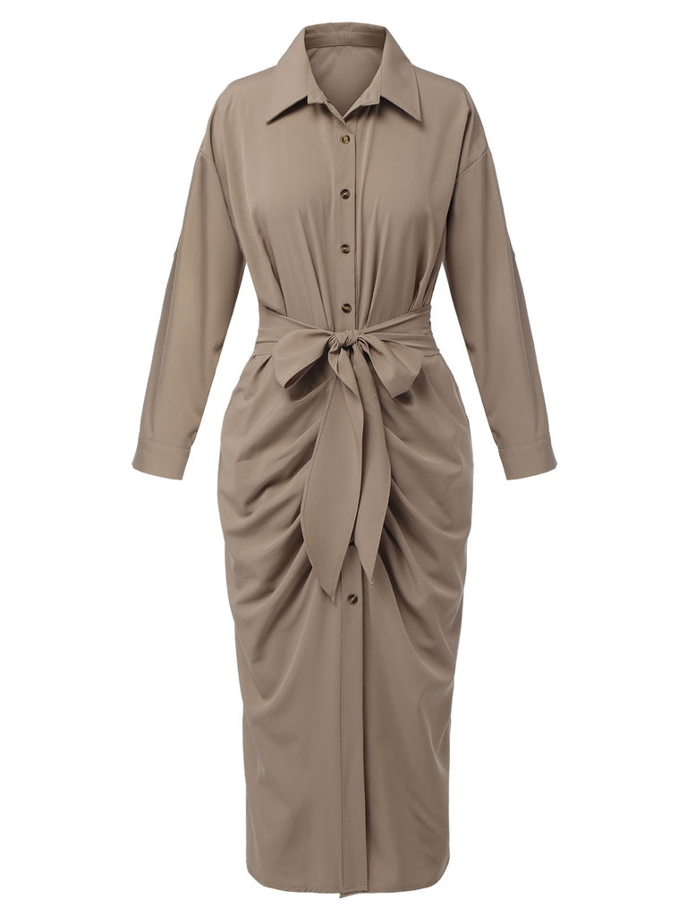 Khaki 1960s Solid Fold Pleated Lapel Dress