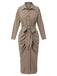 Khaki 1960s Solid Fold Pleated Lapel Dress
