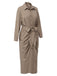 Khaki 1960s Solid Fold Pleated Lapel Dress