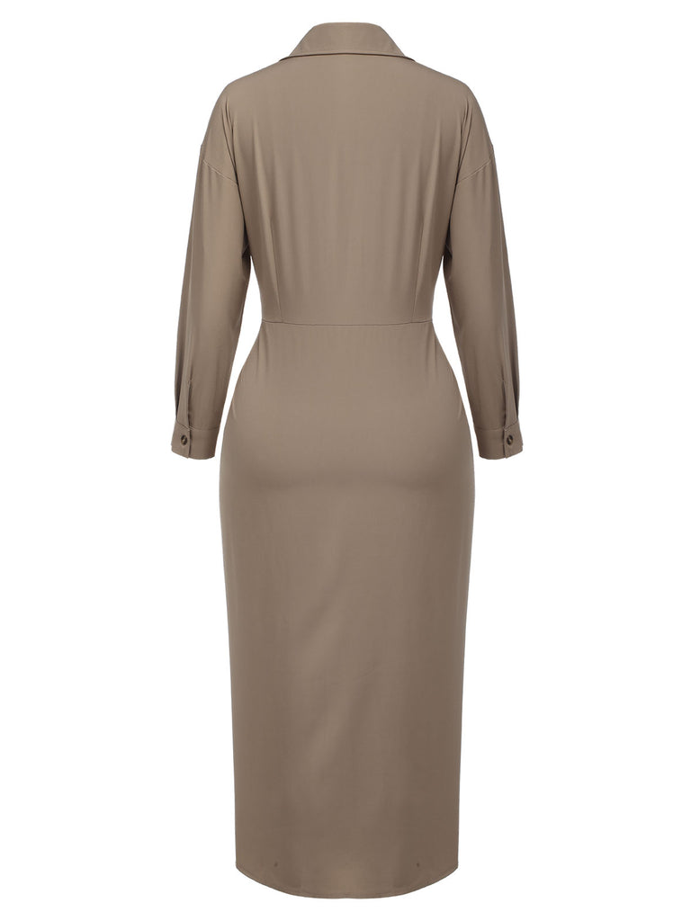 Khaki 1960s Solid Fold Pleated Lapel Dress