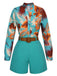 2PCS Blue 1950s Tropical Blouse & Shorts With Belt