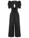 1930s Solid Deep V Puff Sleeves Jumpsuit