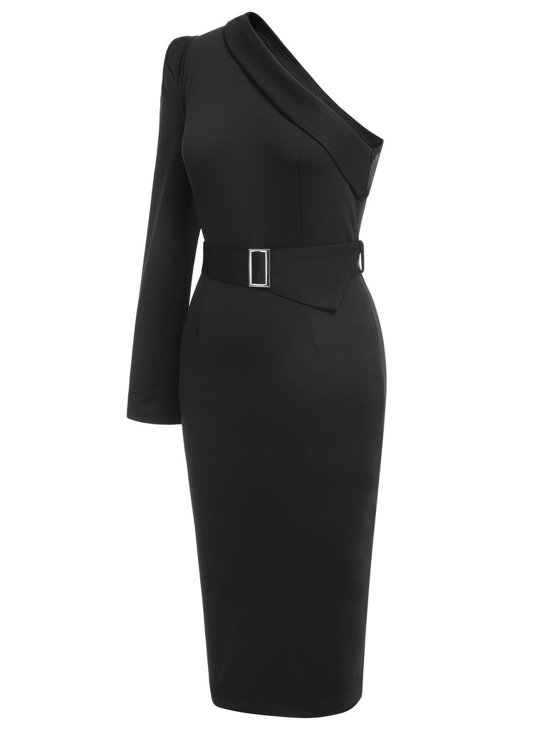 Black 1950s Solid Cold Shoulder Dress