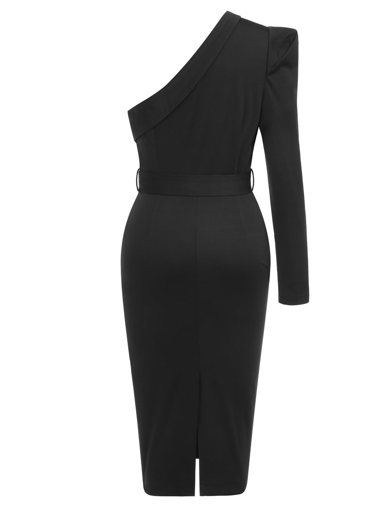 Black 1950s Solid Cold Shoulder Dress