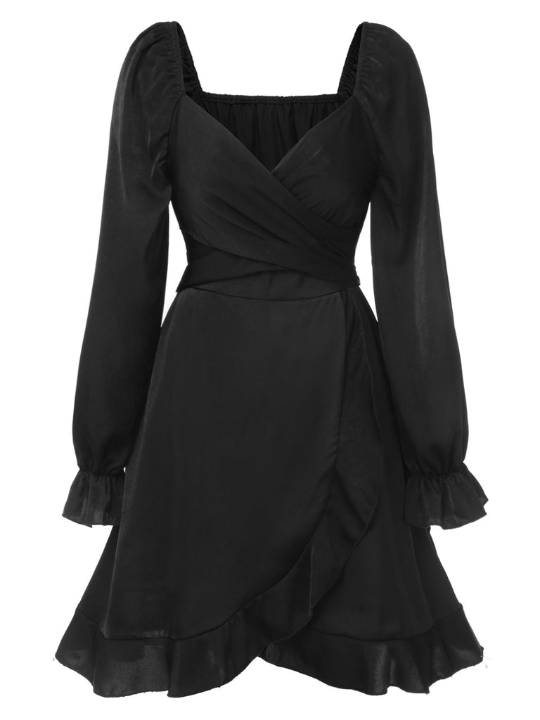 Black 1950s Solid Ruffles V-Neck Dress