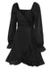 Black 1950s Solid Ruffles V-Neck Dress