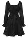 Black 1950s Solid Ruffles V-Neck Dress