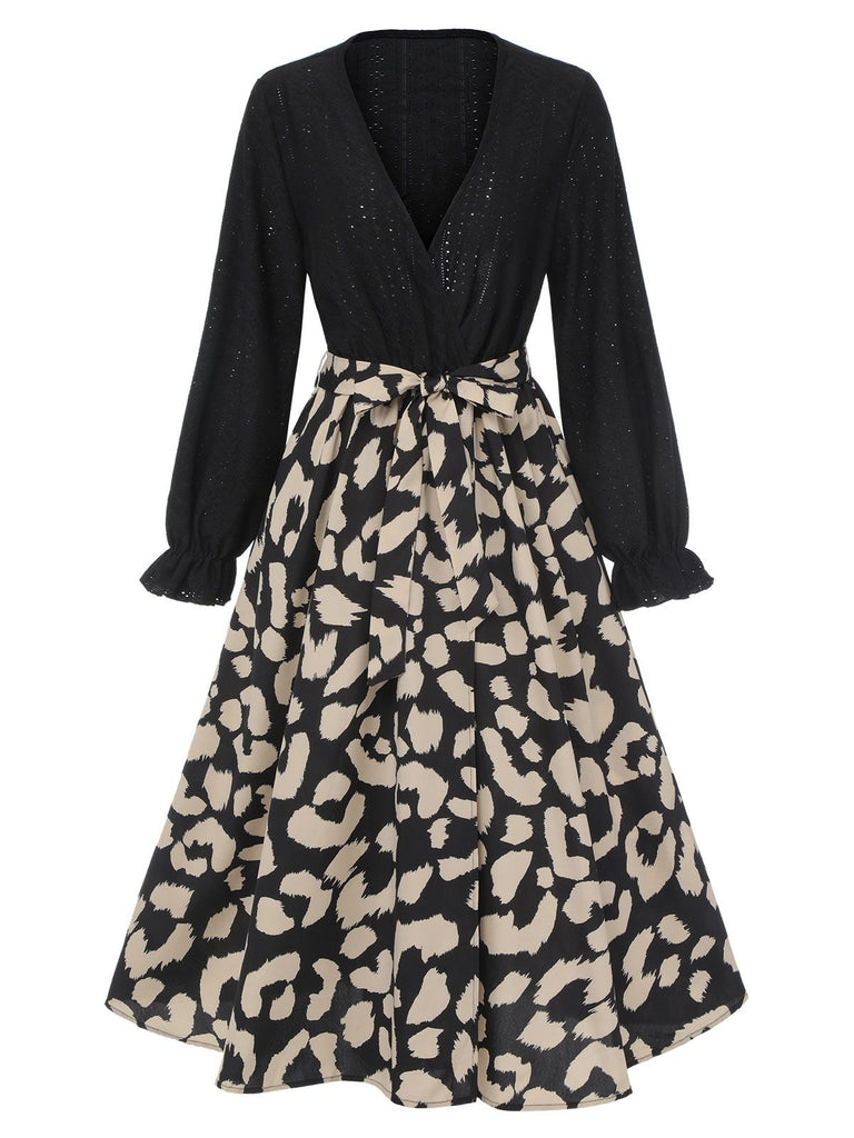 Black 1950s Leopard V-Neck Patchwork Dress