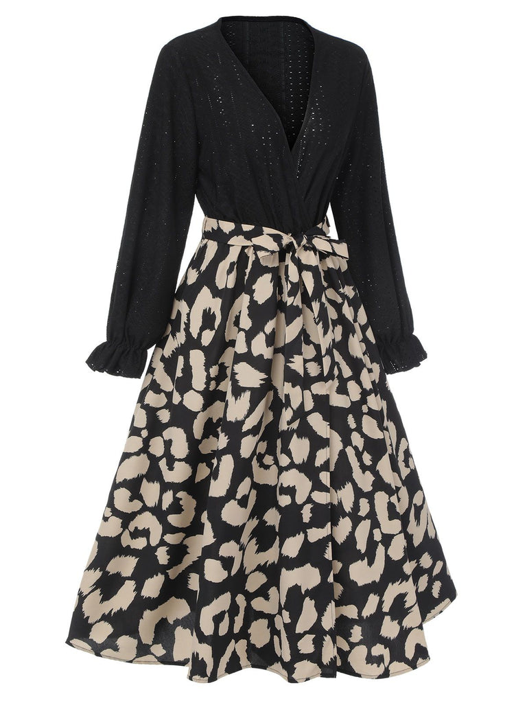 Black 1950s Leopard V-Neck Patchwork Dress