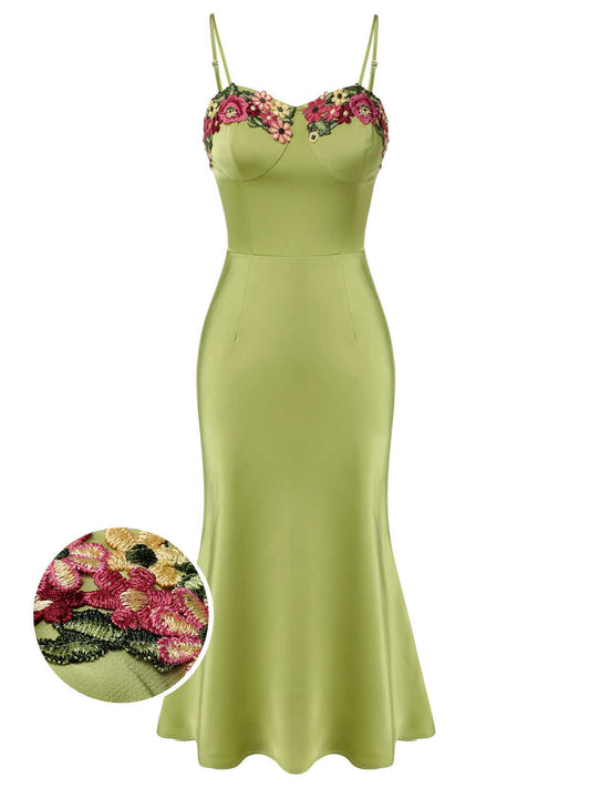 Green 1960s Spaghetti Strap 3D Floral Dress