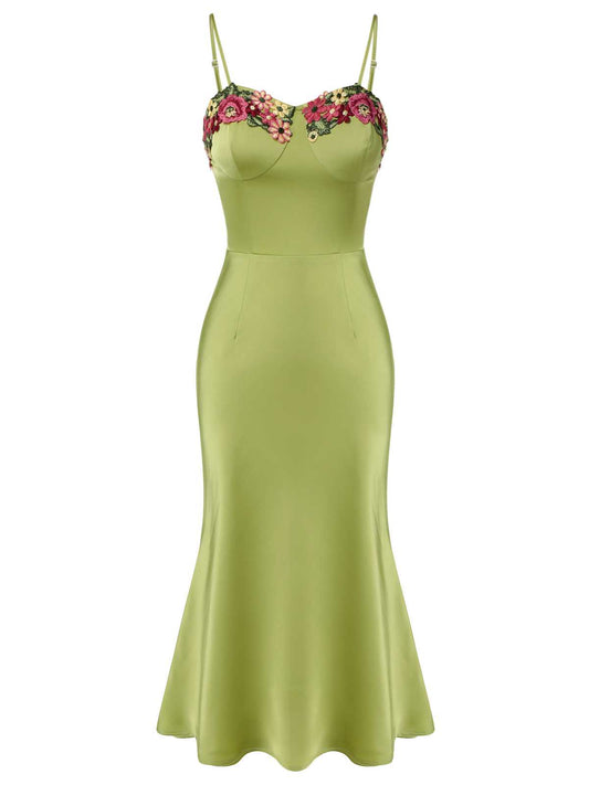 Green 1960s Spaghetti Strap 3D Floral Dress